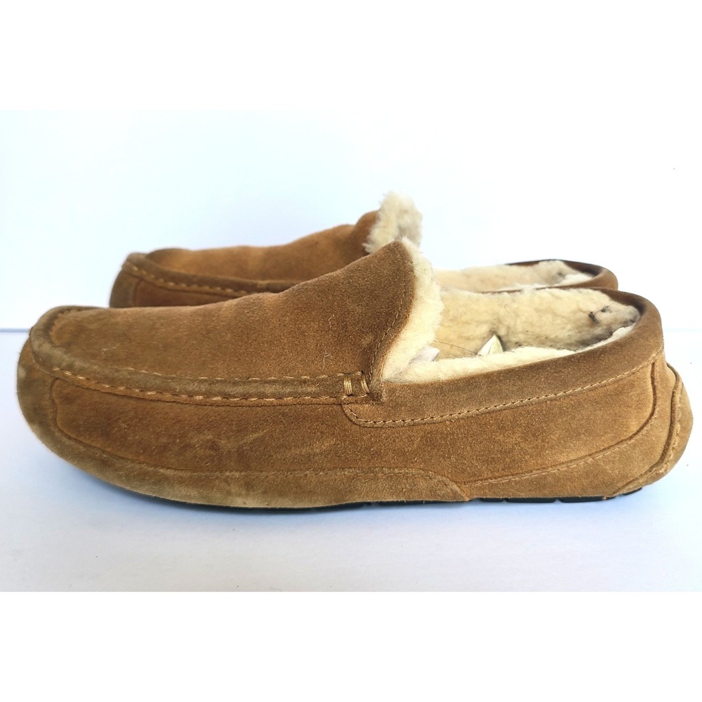 UGG Mens US 10 Ascot‎ Moccasin Moc Slippers Suede Shearling Lined Wool Tan Brown